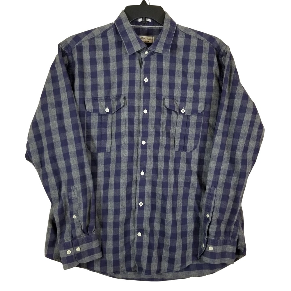 Peter Millar Mountainside Men XL Navy Grey Plaid Flannel Button Down Shirt 100%C
